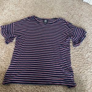 small red white and dark blue striped short sleeve shirt